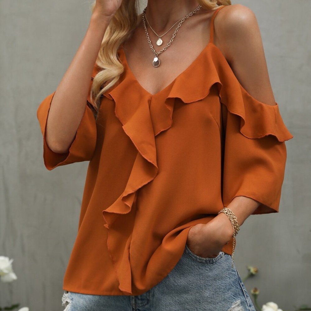 Boho Ruffle Detail Cold Shoulder Blouse - Picture 8 of 14